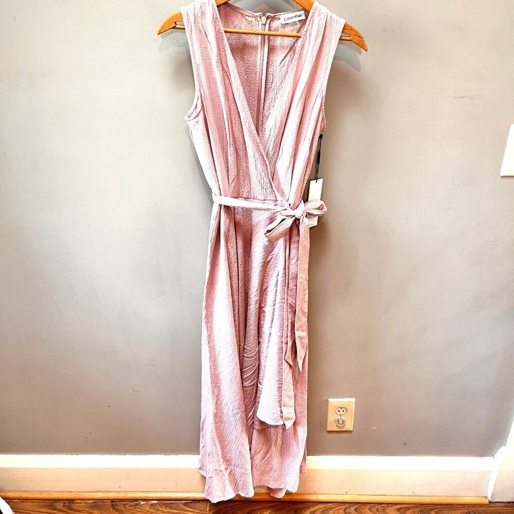 Sleeveless Calvin Klein Dress Womens Size 8 Pink Textured Belted Wrap Midi New W